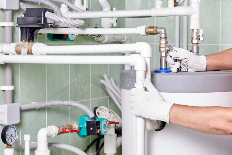plumber doing maintenance jobs water heating systems engineer controlling pipes boiler room 119782566